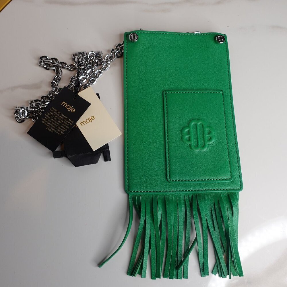 MAJE Leather Fringe chain strapped Phone Bag In green NEW